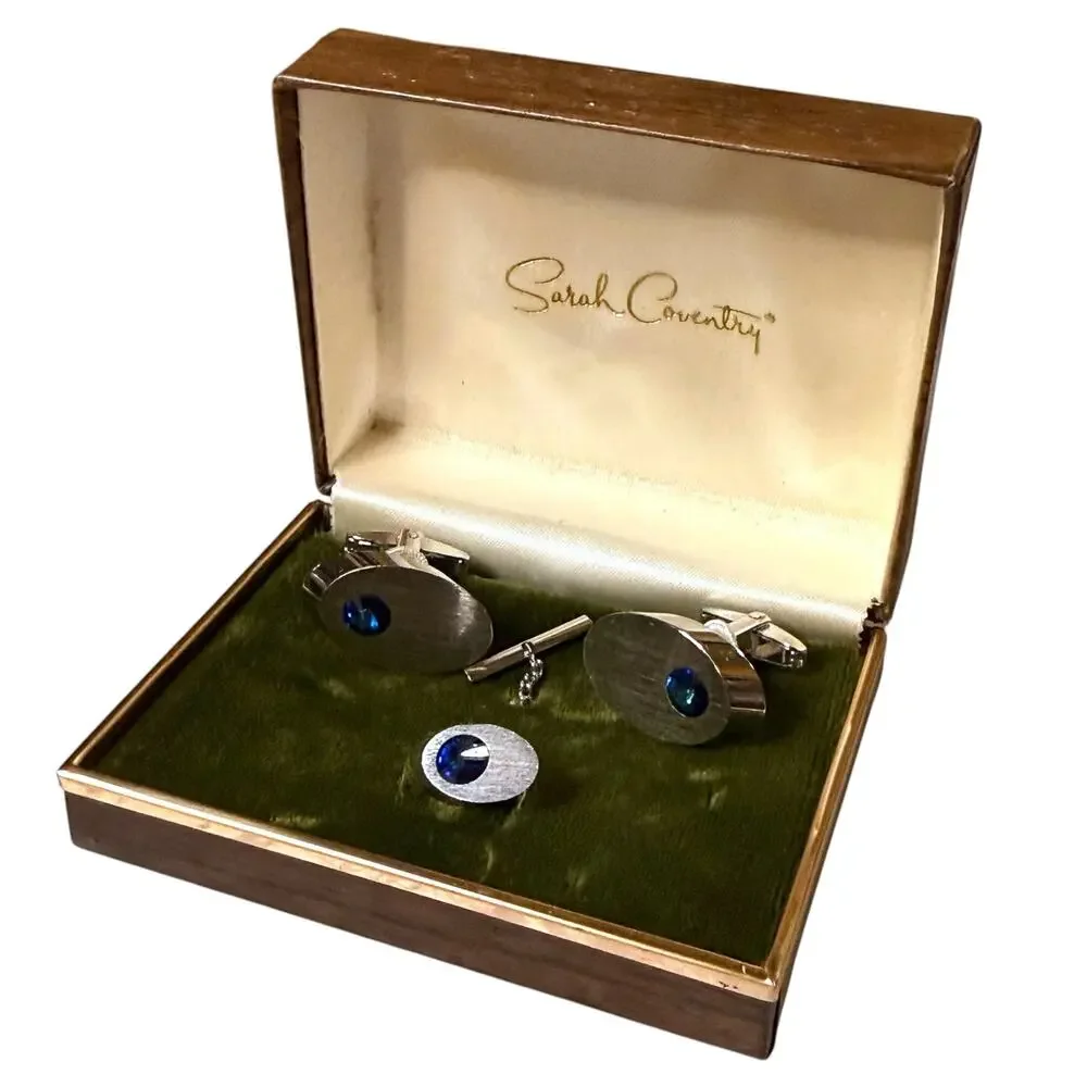 Vintage Sarah Coventry Cufflinks and Tie Pin Mens Silver Tone Blue Glass Jewel